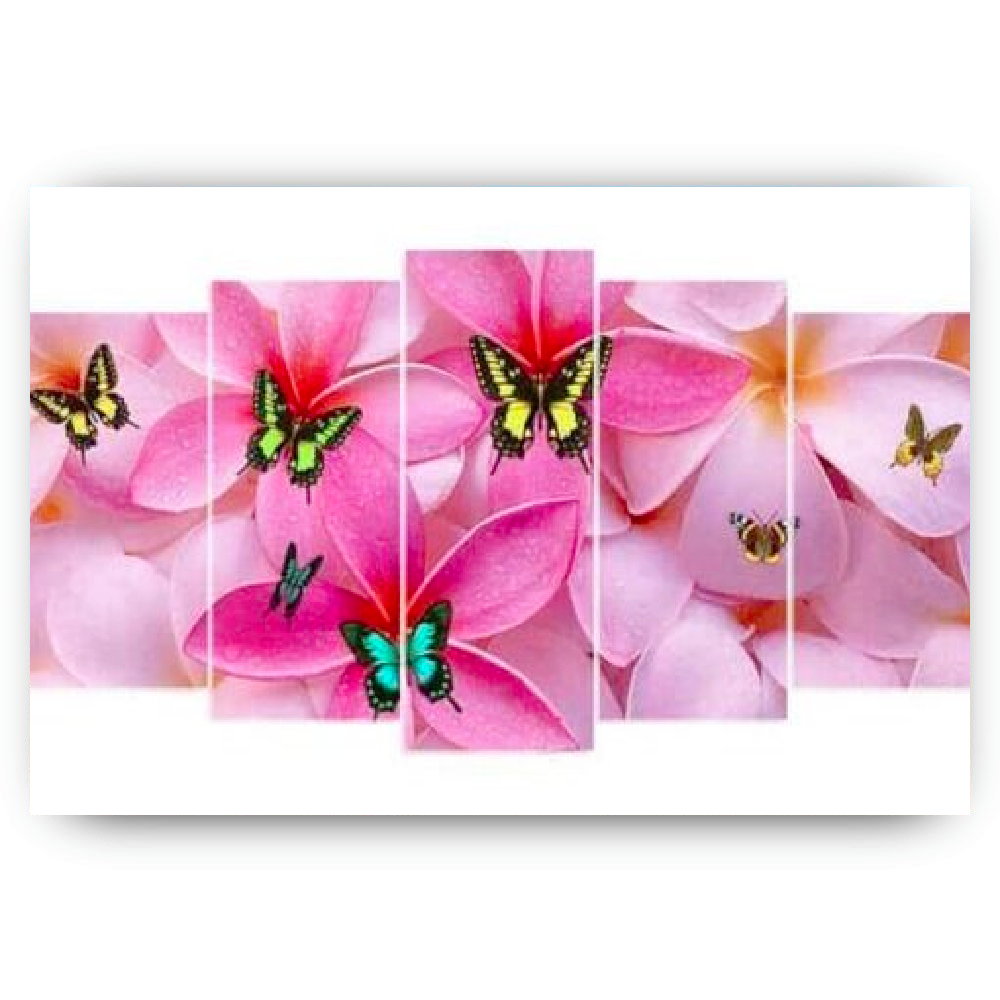 Diamond Painting Gekleurde vlinders op roze bloemen 5 luik - SEOS Shop ®