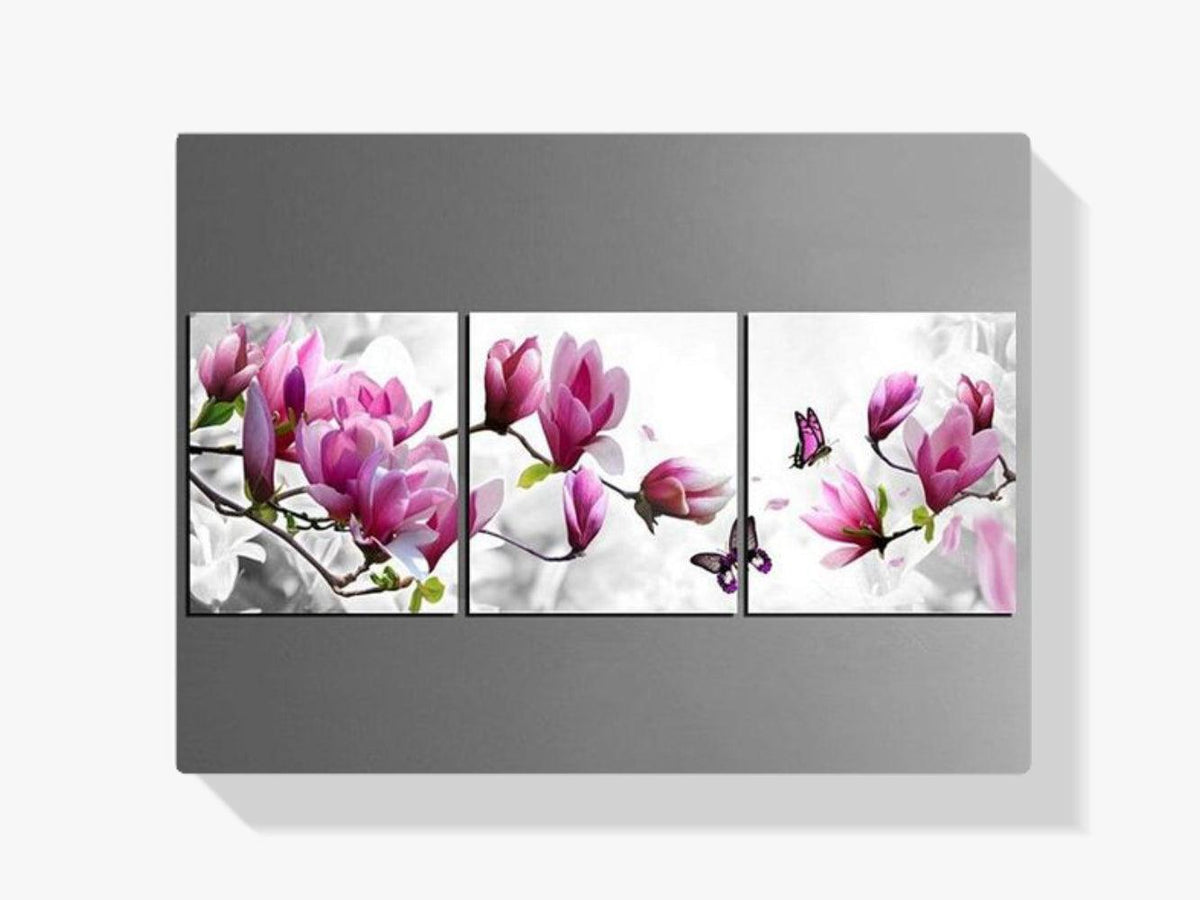 Diamond Painting Roze bloemen met vlinder 3 luik - SEOS Shop ®